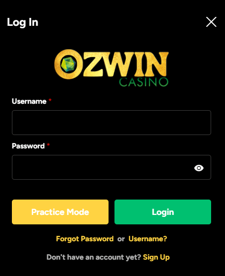 Ozwin Casino Login Form
